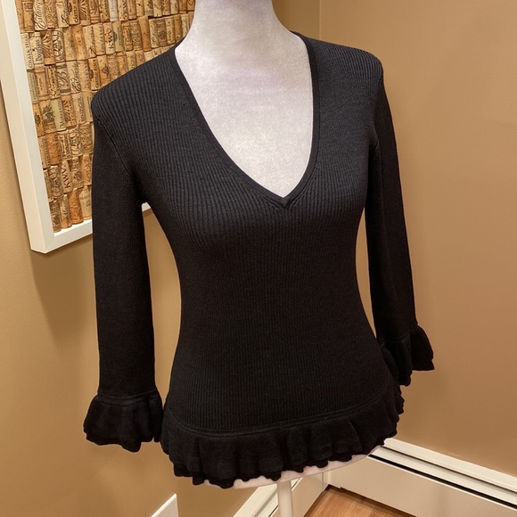 Esther Chen Black Ribbed Top.  Silk, Nylon and Spandex.  Ruffled detail - Picture 3 of 16